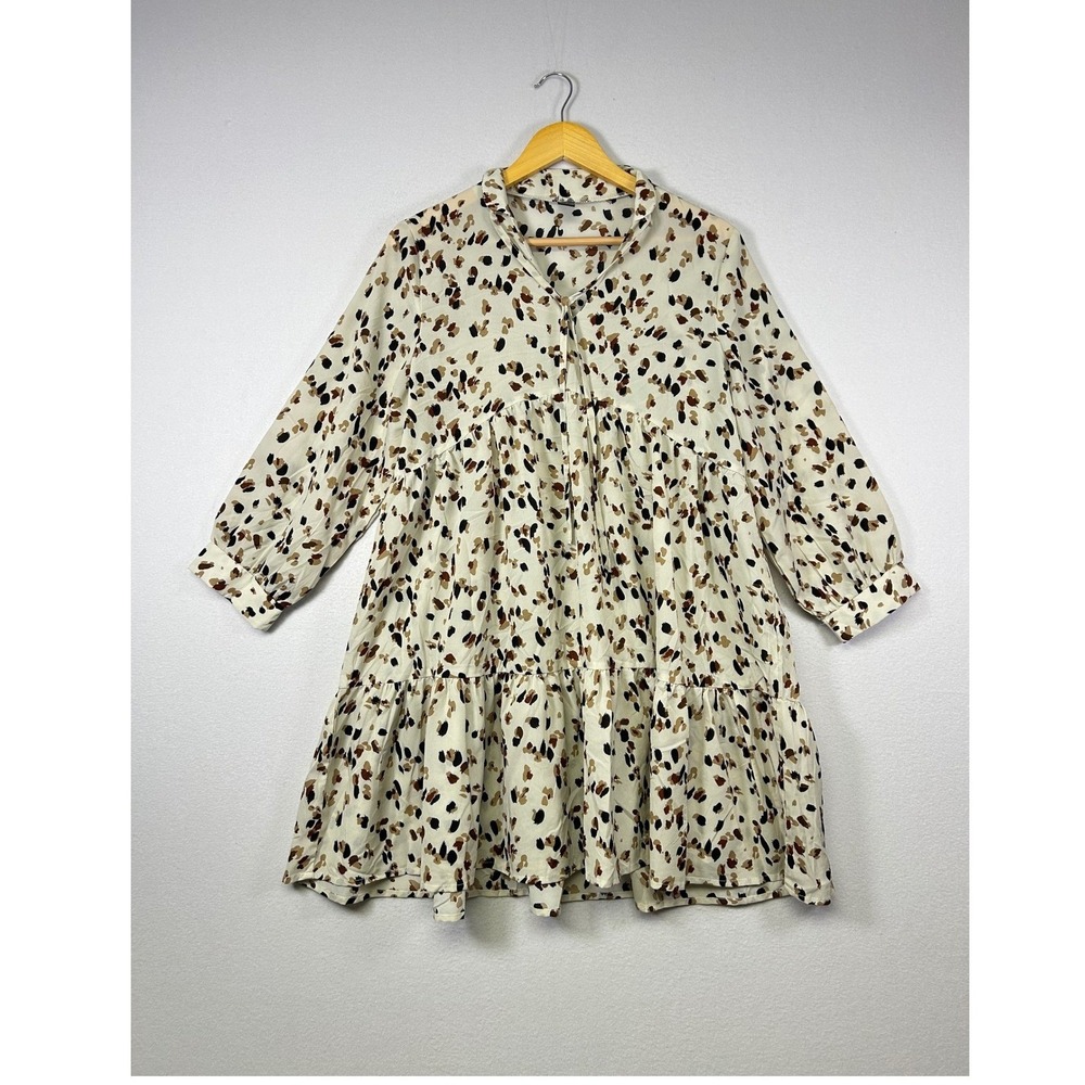 Flowy‎ Animal Print Emery Rose Women Med Cream Brown Tiered Babydoll Mini Dress